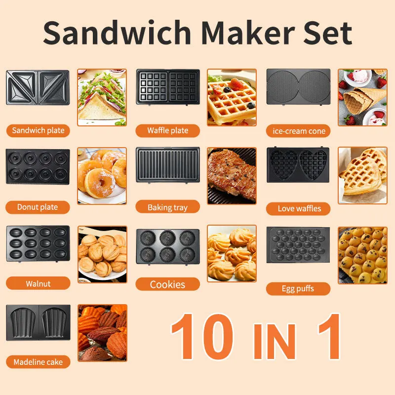 Sandwich Press Grill - 220/110V Haushaltsgeräte 10-in-1 Sandwichmaker Mini Frühstückszubereiter